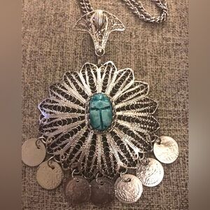 Turquoise Scarab Beetle Sunburst~ Elaborate Egyptian Dangle Coin Silver Necklace